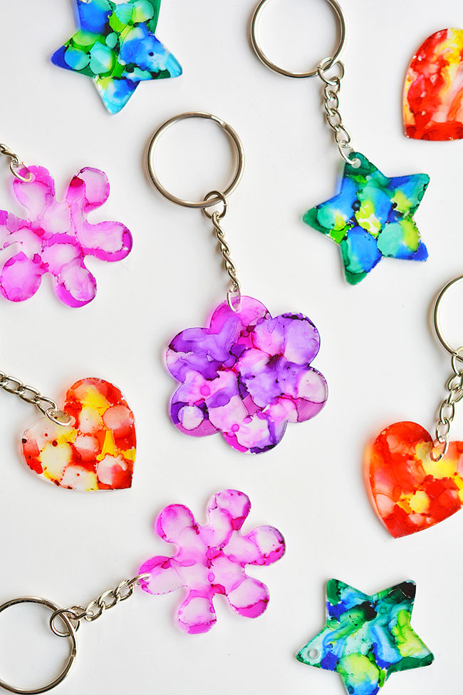 Star, heart, and flower shaped Shrinky Dink keychains