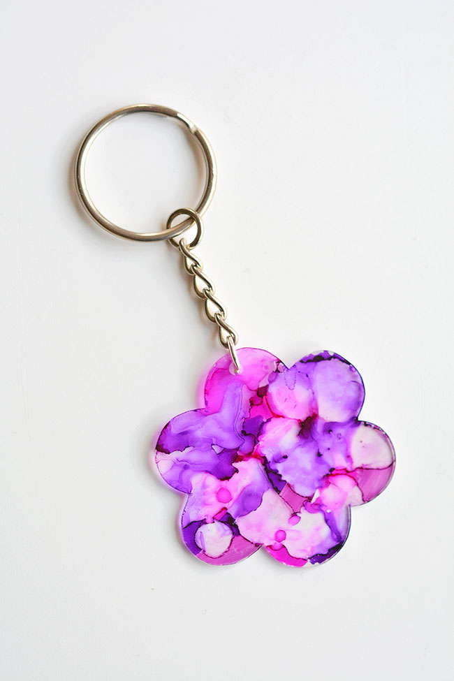Purple flower Shrinky Dinks keychain