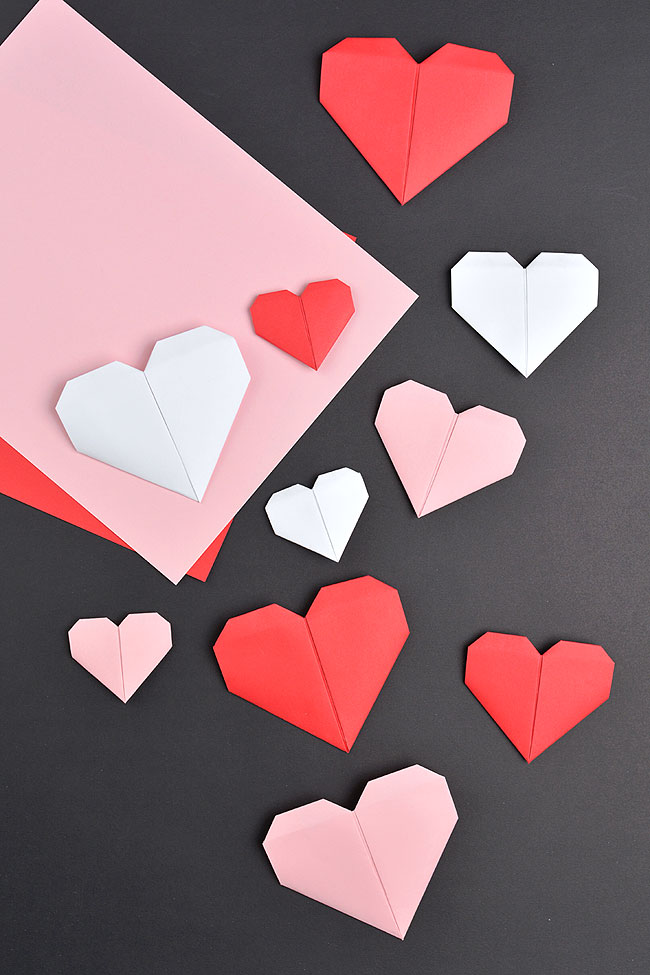 Red, pink, and white origami hearts