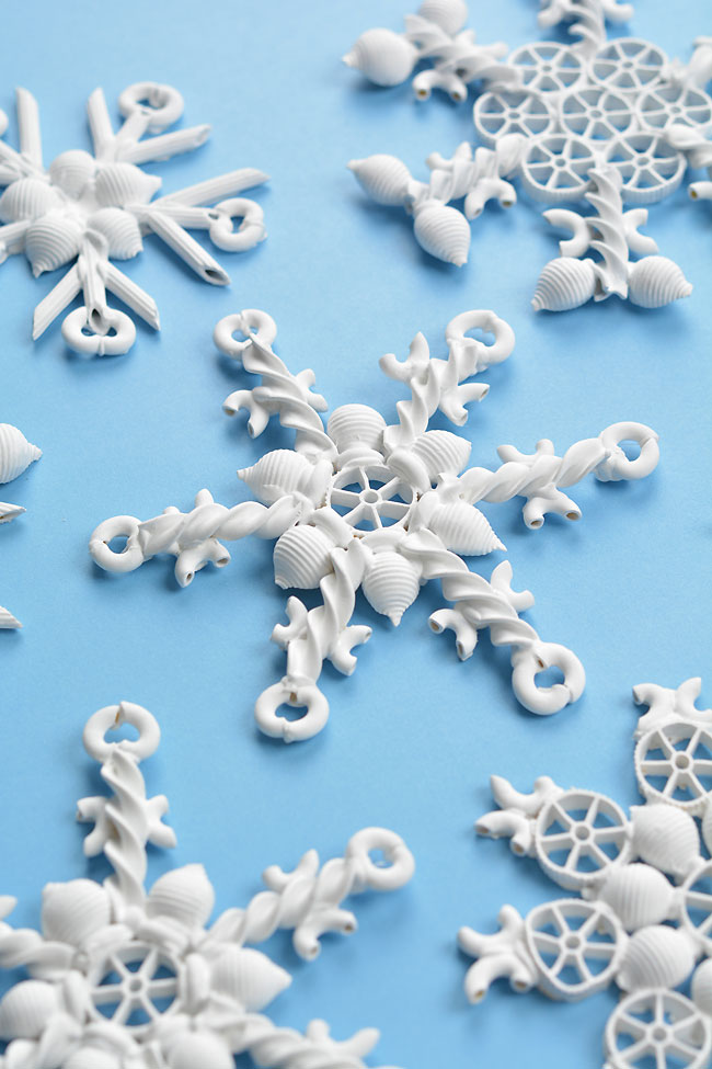 Close angle on pasta snowflake ornaments
