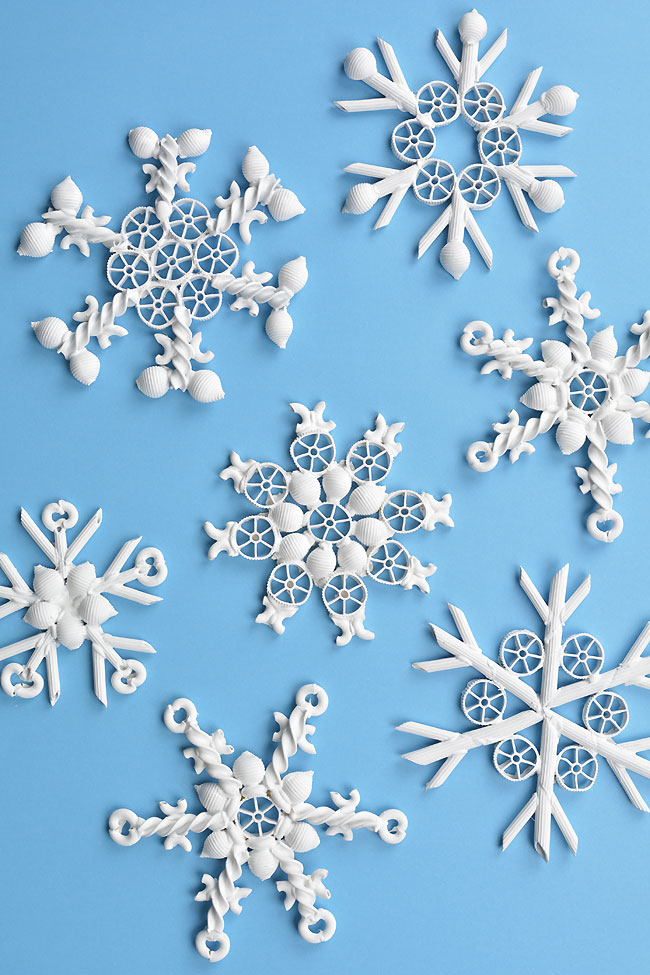 Pasta snowflakes on a blue background
