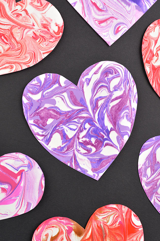 Hearts marbled with shaving cream and paint
