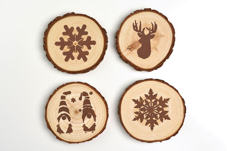 Winter coasters made from wood slices