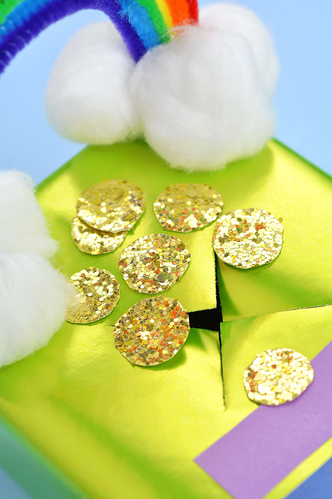 Closeup on the gold glittery coins to trap a leprechaun