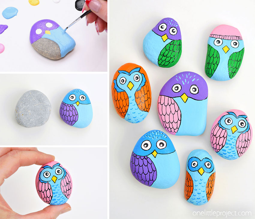 DIY owl rock painting