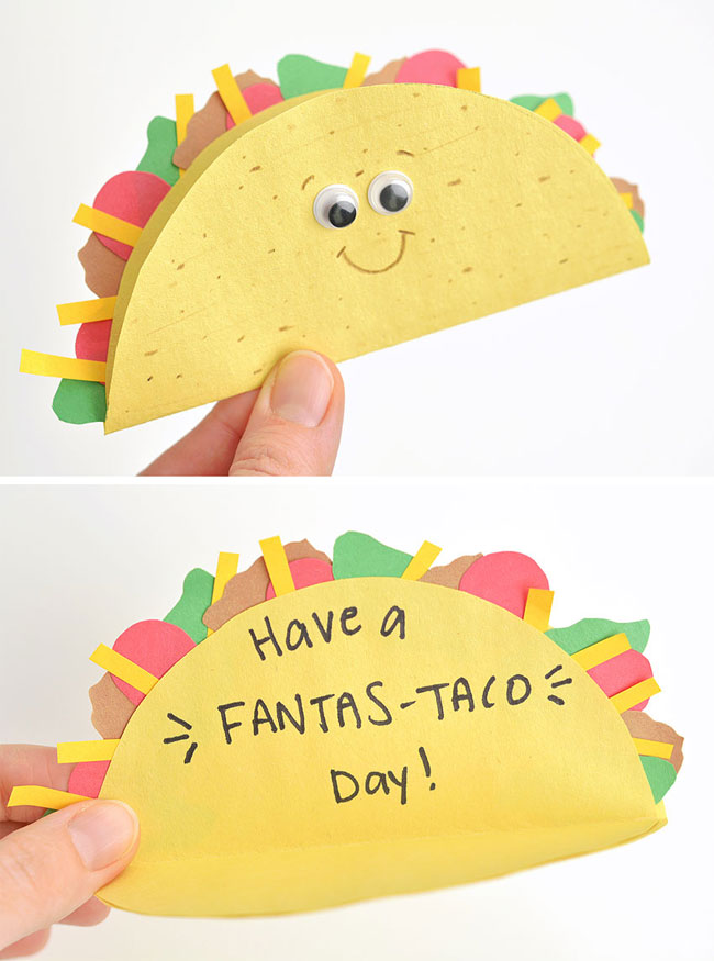 Paper taco craft card with a taco pun inside