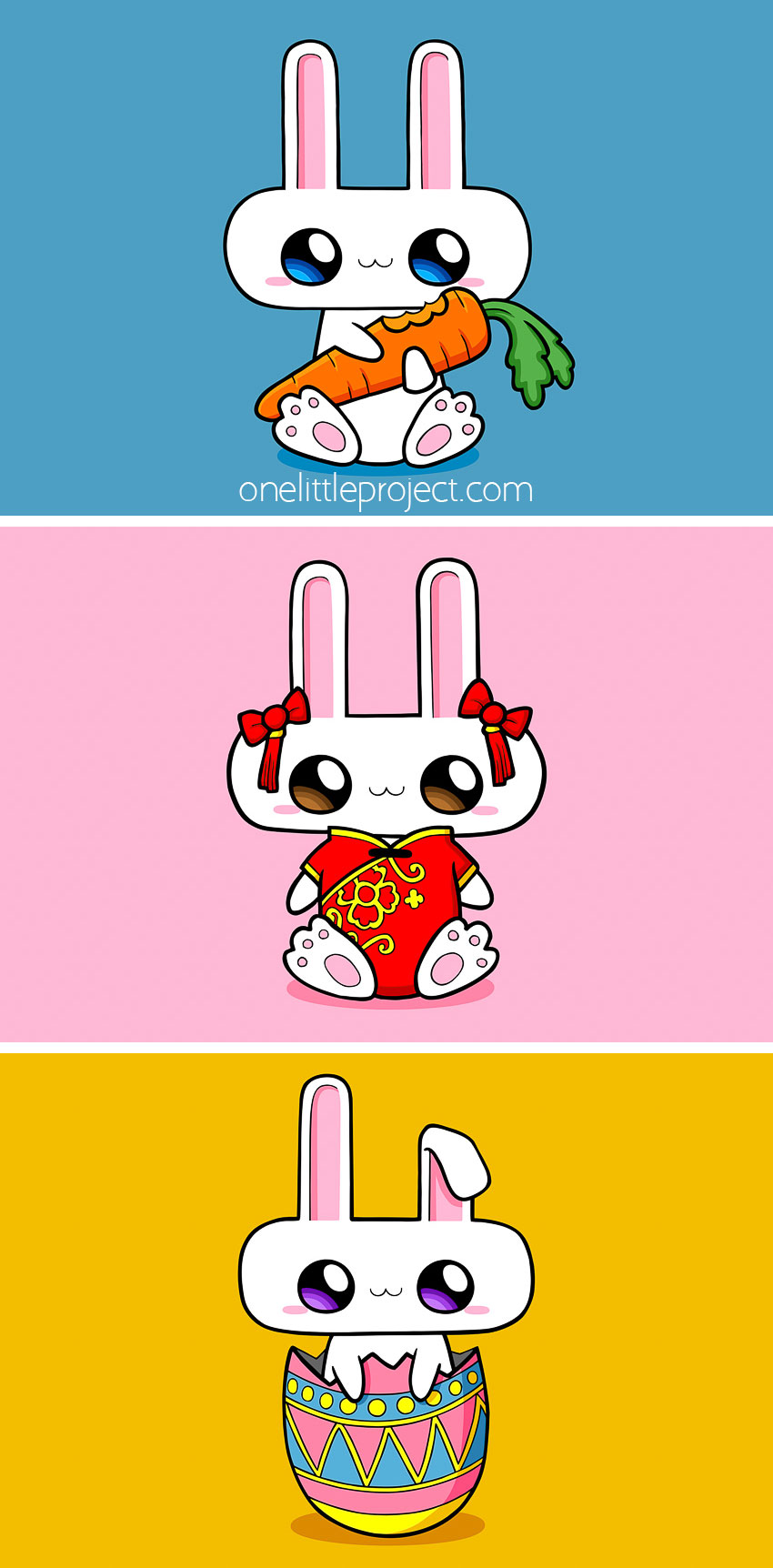 Three different easy bunny drawings
