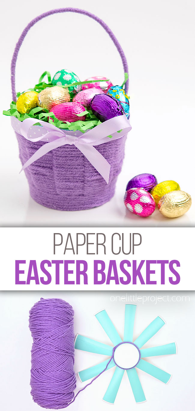 Mini Easter baskets made with yarn and a paper cup