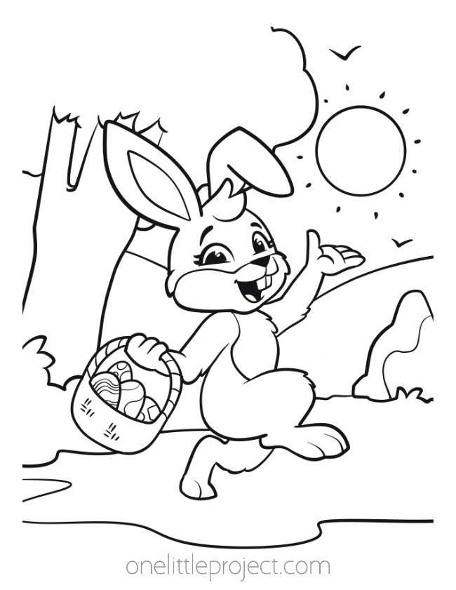 Easter bunny coloring pages - Easter bunny holding an Easter basket with eggs
