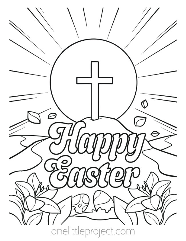 Easter coloring page - religious coloring sheet with a cross, sun, and flowers