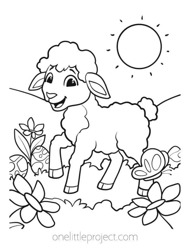 Easter coloring page - lamb in a field with flowers and Easter eggs