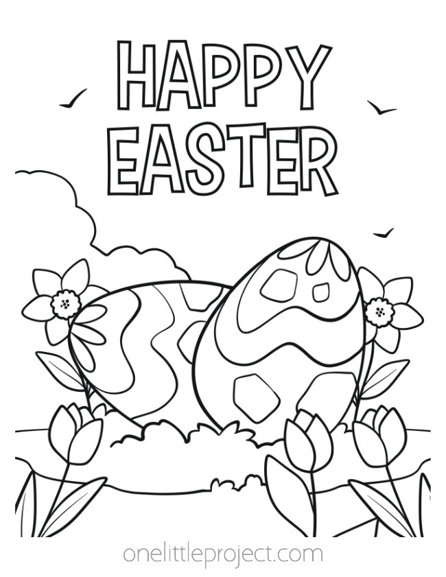 Easter coloring pages - Happy Easter with Easter eggs and flowers