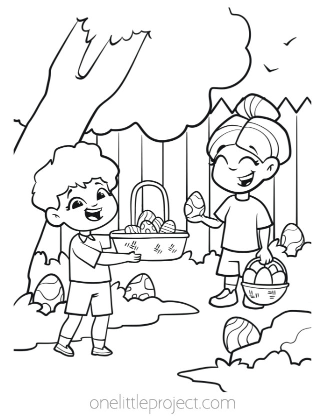 Easter coloring pages printable - kids on an Easter egg hunt