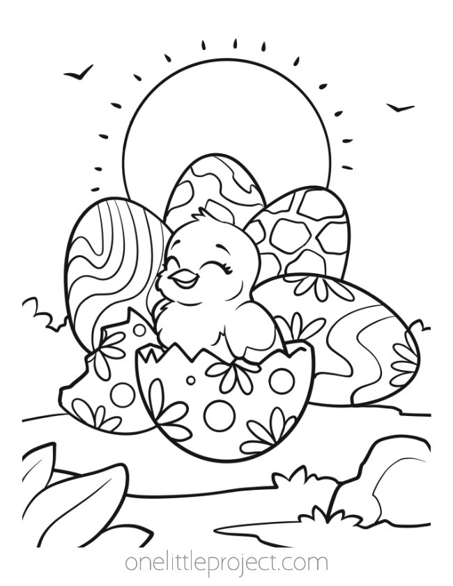 Easter coloring pages printable - chick hatching out of patterned Easter eggs