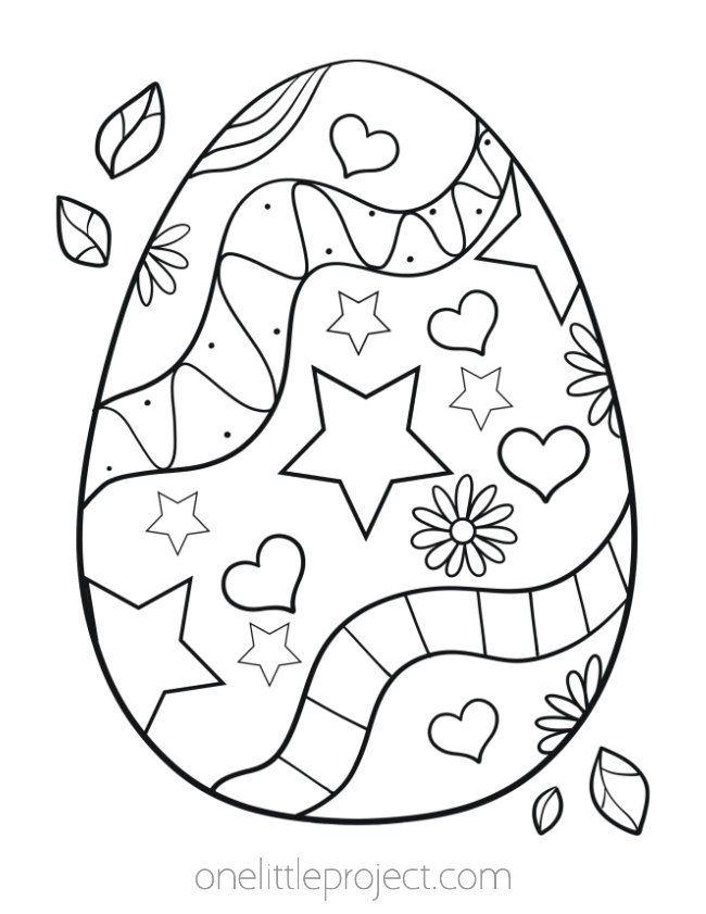 Easter egg coloring pages - Easter egg decorated with stars, hearts, and flowers