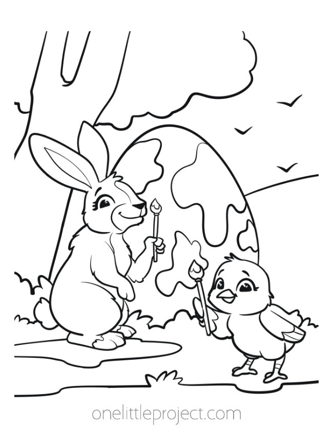 Easter egg coloring pages - Easter bunny and chick paint an Easter Egg