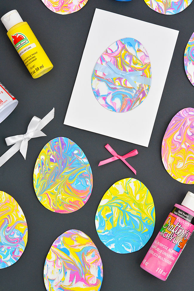Marbled Easter eggs with ribbon, paint, and a homemade Easter card