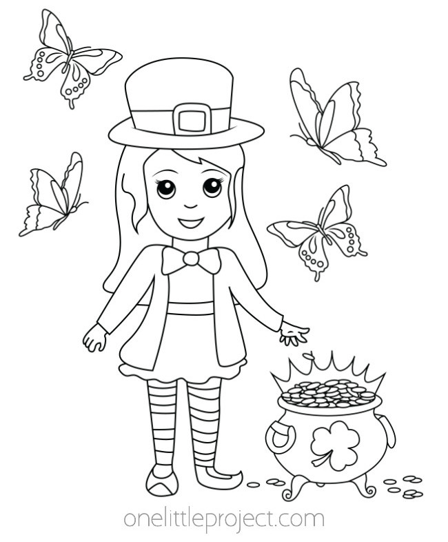 Lady leprechaun celebrating the start of spring, surrounded by butterflies