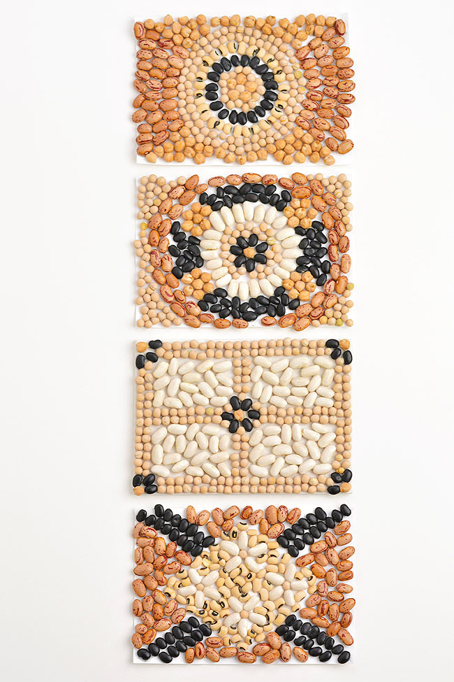 Four different bean mosaic art designs
