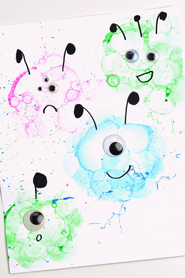 Bubble prints turned into aliens with Sharpie and googly eyes