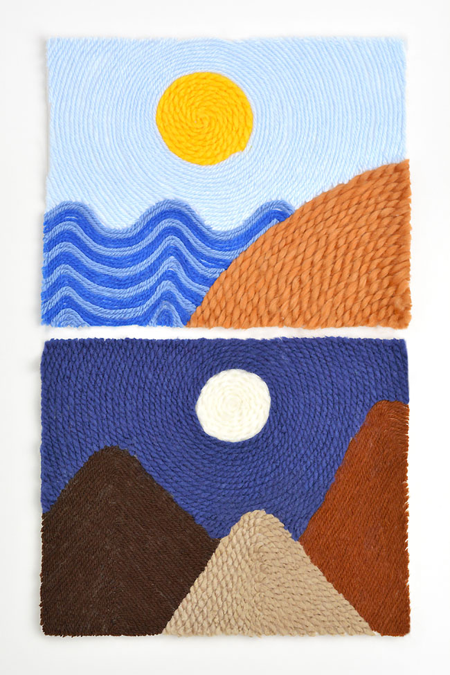 Two canvas yarn art projects showing daytime and nighttime landscapes