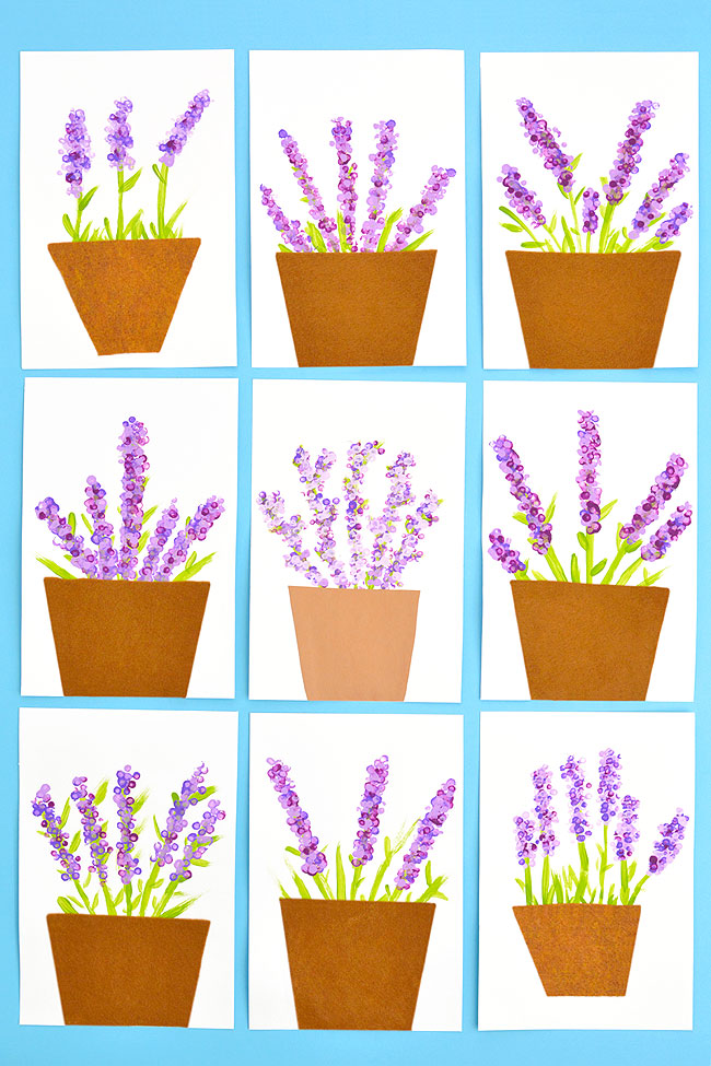 A variety of purple flower paintings made with cotton swabs