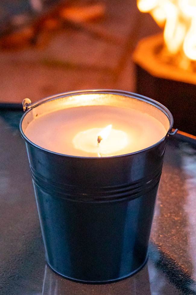 DIY citronella candle made in a small metal bucket