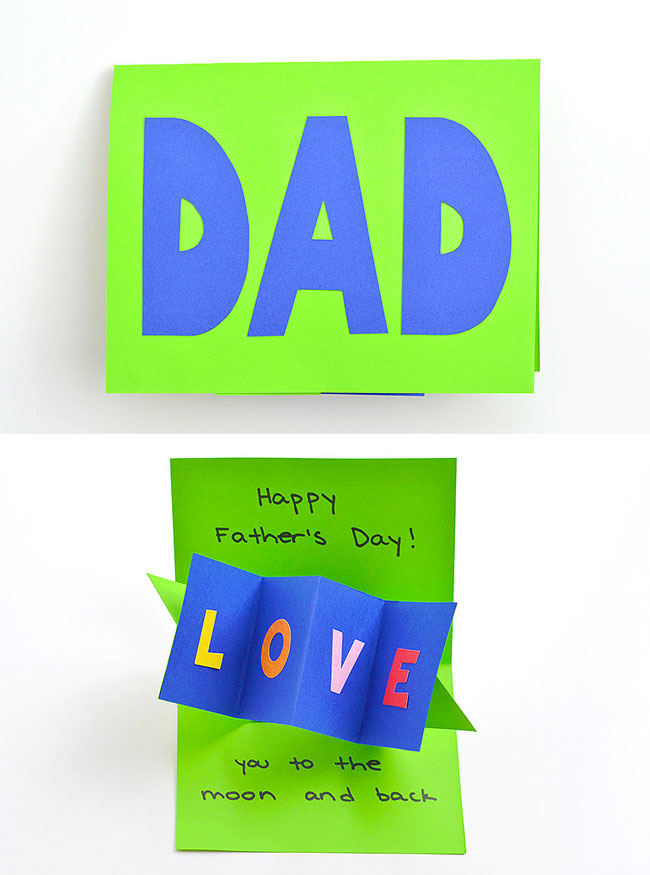 The front and inside of a homemade twist and pop card for Father's Day