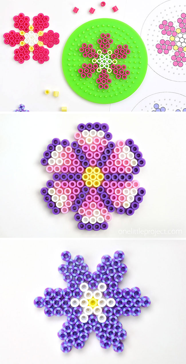 Several types of flowers made from a free Perler bead pattern