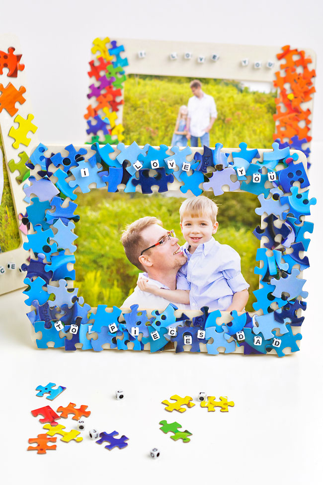 Blue puzzle pieces used on a love you to pieces craft
