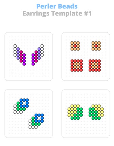 Four different Perler bead earring ideas made on a square pegboard