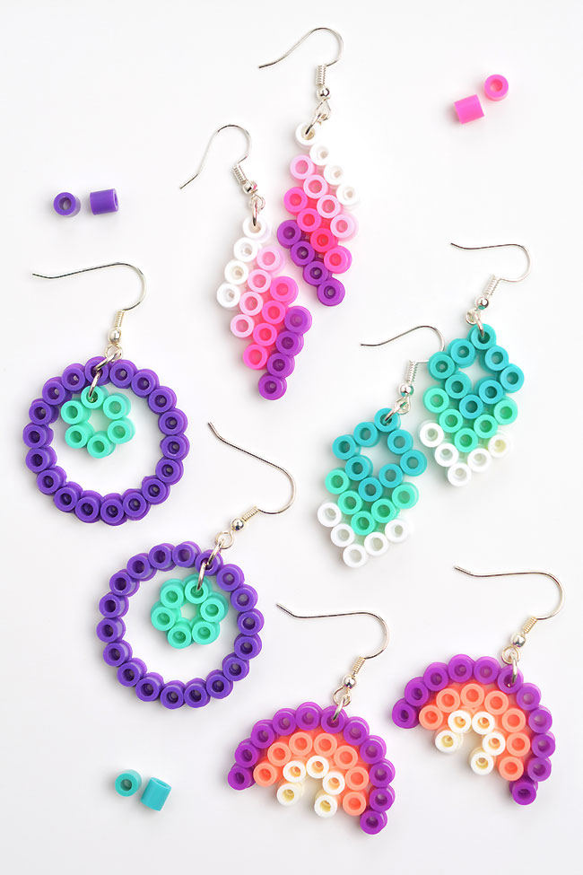 Four pairs of colourful DIY earrings made from Perler beads