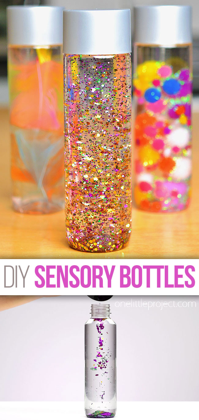 DIY sensory bottles with glitter, feathers, and pom poms