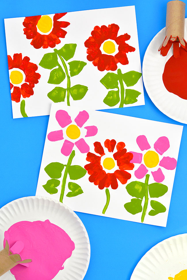 Flower painting made with toilet paper roll stamps
