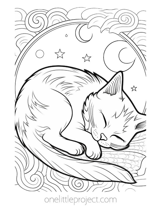 Cat sleeping under the stars coloring page