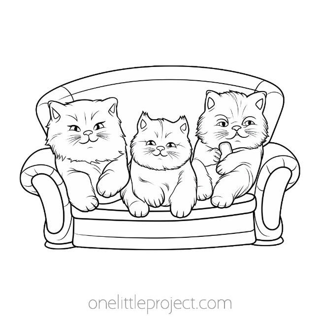 Funny cat coloring page of 3 cats sitting on a couch