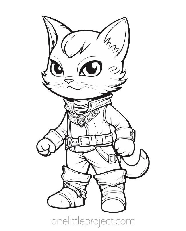 Adorable cat coloring page of a cat dressed in clothes and boots