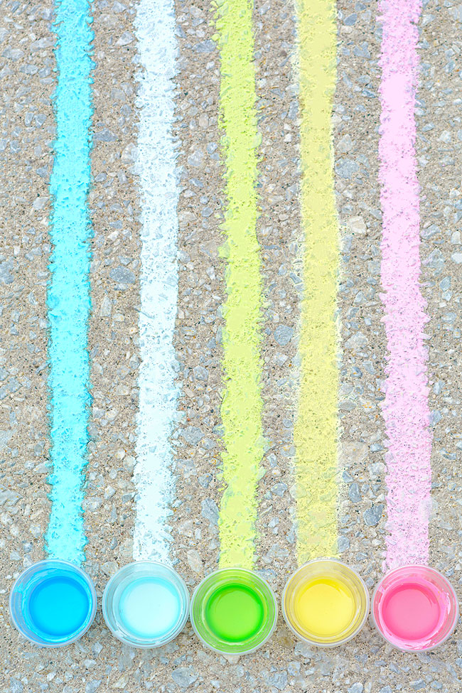 Lines painted on the sidewalk with five colours of DIY chalk paint