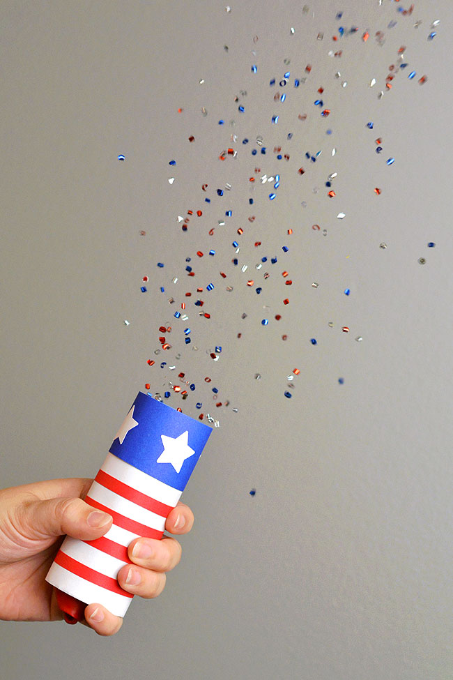 4th of July confetti flying out of a DIY confetti popper