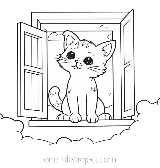 Kitten looking out a window coloring page