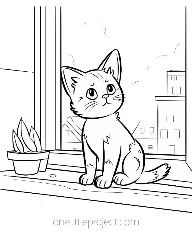Kitty in a window coloring page