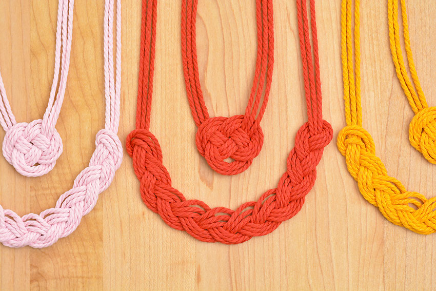 Pink, red, and yellow DIY macrame necklaces