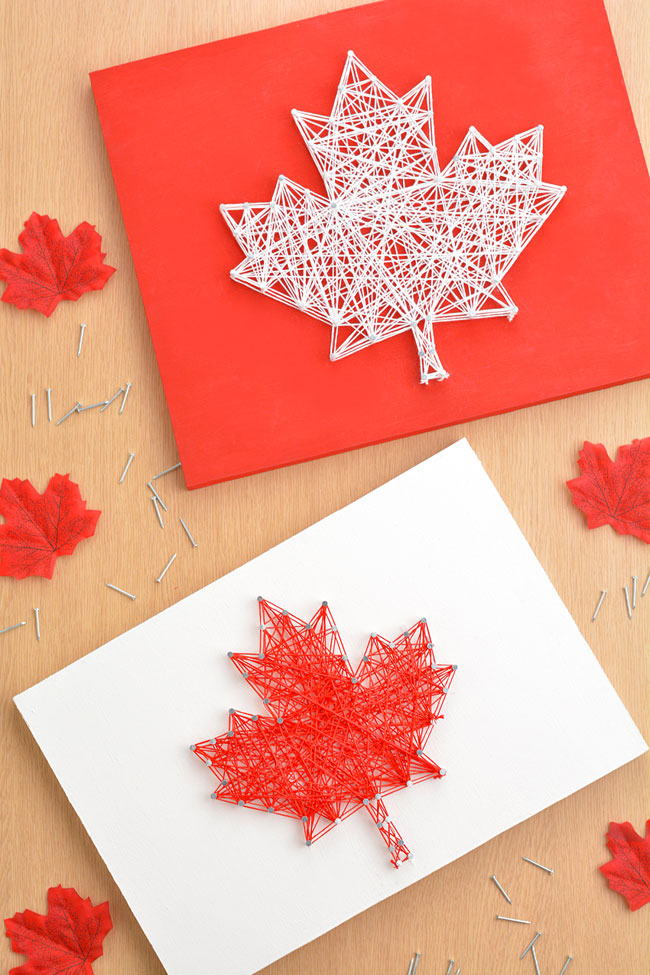 Red and white maple leaf string art designs
