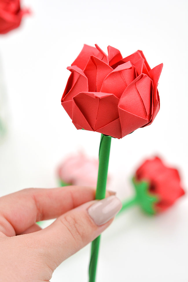Closeup holding a paper rose