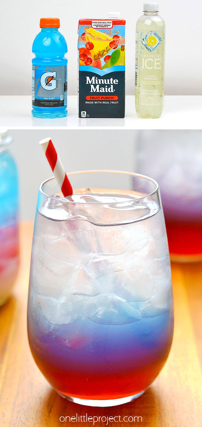 Red white and blue layered drink made with blue Gatorade, fruit punch, and sugar free lemonade