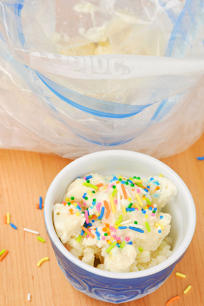 Homemade ice cream in a bag with rainbow sprinkles