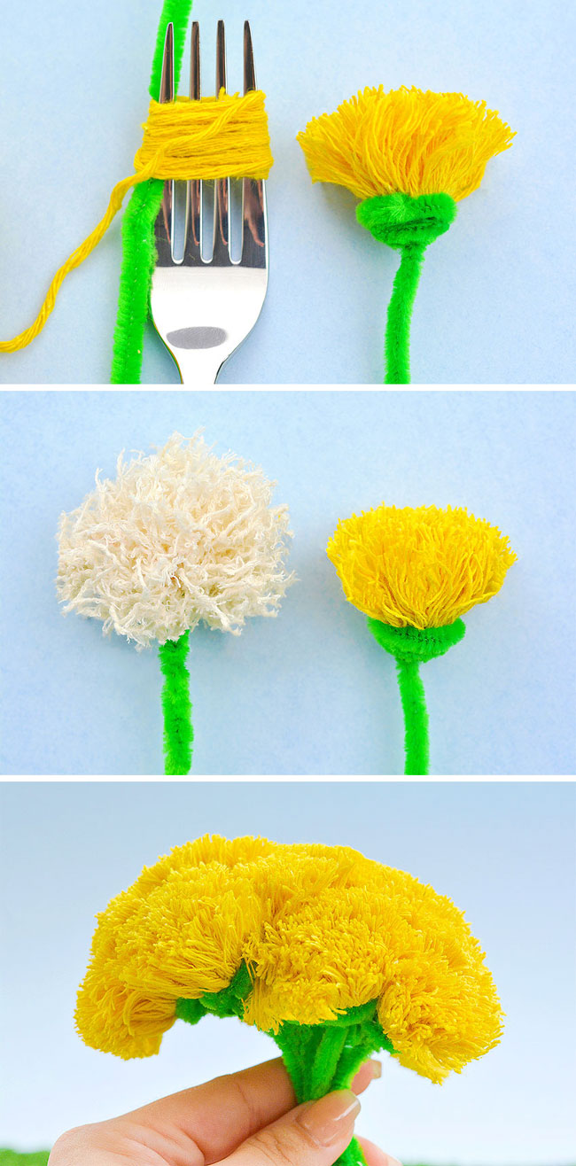 How to make a pom pom dandelion with a fork