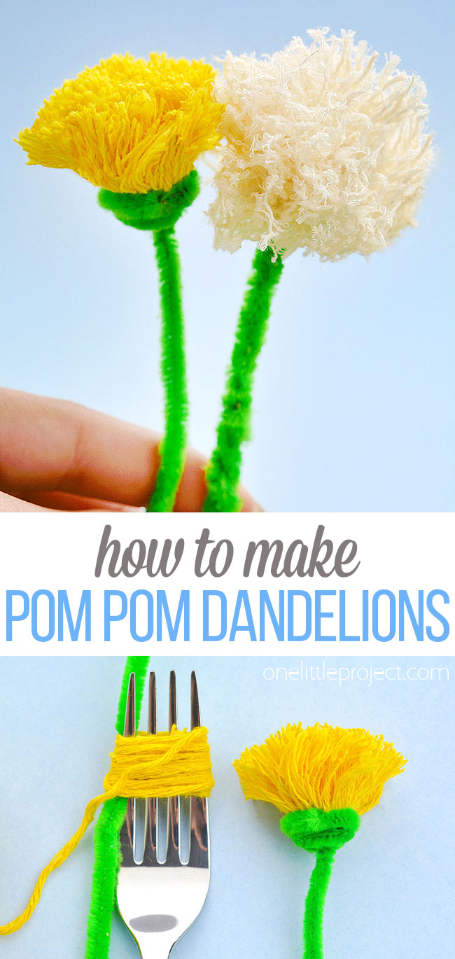 Easy pom pom dandelions made with a fork
