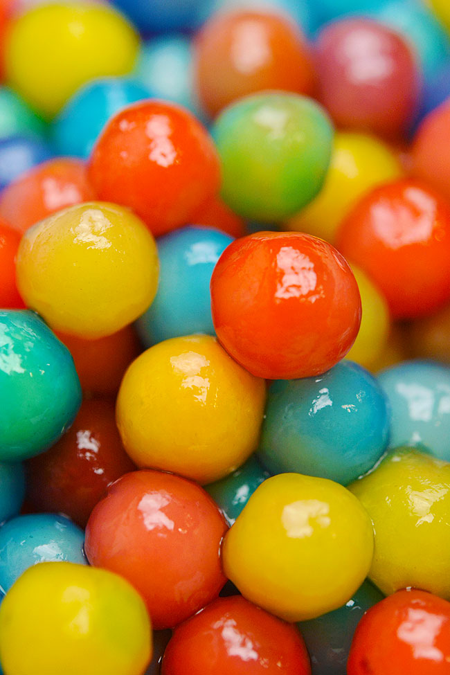 Closeup of colourful DIY water beads made from tapioca