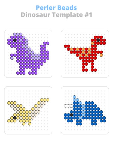 Dinosaur Perler bead patterns with t-rex, raptor, pterodactyl, and triceratops